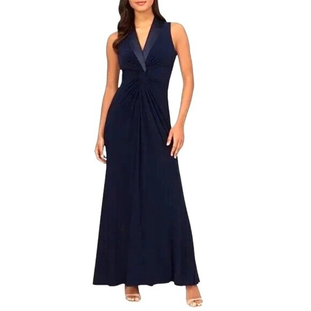 Adrianna Papell 6 Formal Women's Navy Blue Jersey Tuxedo Gown Wedding Guest NEW